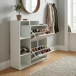 Schuhkipper Holz 2 Fächer Weiß 12 Paar Schuhe Schuhschrank Schuhkommode Ablage