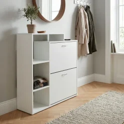 Schuhkipper Holz 2 Fächer Weiß 12 Paar Schuhe Schuhschrank Schuhkommode Ablage