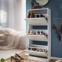 Schuhkipper mit 3 Fächern für 18 Paar Schuhe Schuhkommode Schuhschrank Holz Weiß
