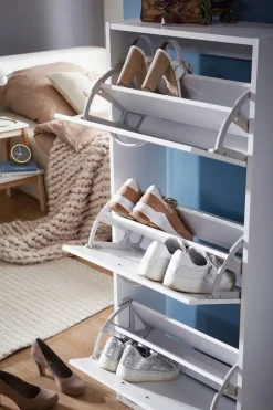 Schuhkipper mit 3 Fächern für 18 Paar Schuhe Schuhkommode Schuhschrank Holz Weiß