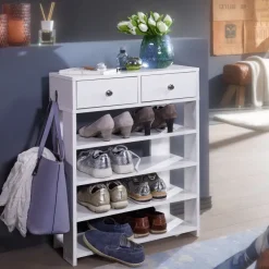 Schuhregal 60cm mit 2 Schubladen und 4 Fächer Standregal Weiß Regal Garderobe Flur
