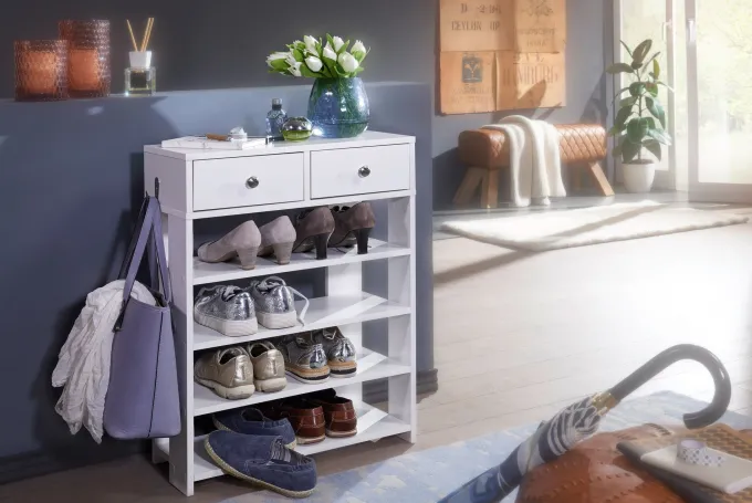 Schuhregal 60cm mit 2 Schubladen und 4 Fächer Standregal Weiß Regal Garderobe Flur