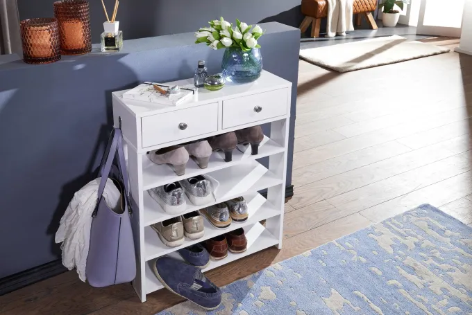 Schuhregal 60cm mit 2 Schubladen und 4 Fächer Standregal Weiß Regal Garderobe Flur