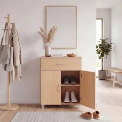 Schuhschrank FineBuy Schuhkommode Buche Optik 60 cm mit Schublade und 2 Türen