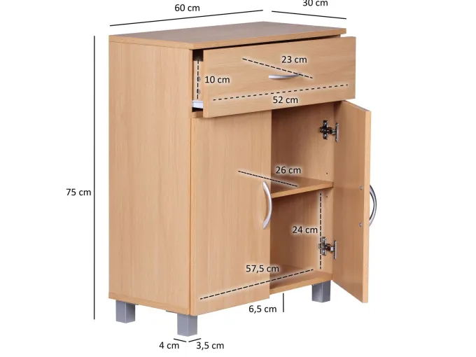 Schuhschrank FineBuy Schuhkommode Buche Optik 60 cm mit Schublade und 2 Türen