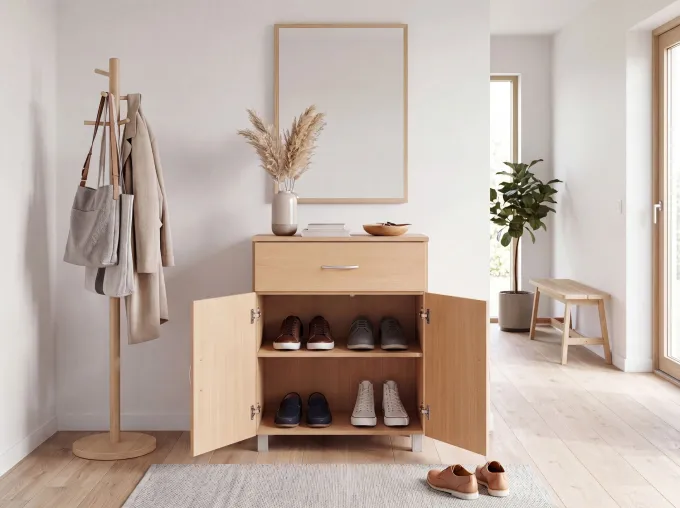 Schuhschrank FineBuy Schuhkommode Buche Optik 60 cm mit Schublade und 2 Türen