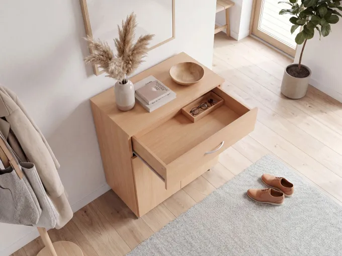 Schuhschrank FineBuy Schuhkommode Buche Optik 60 cm mit Schublade und 2 Türen