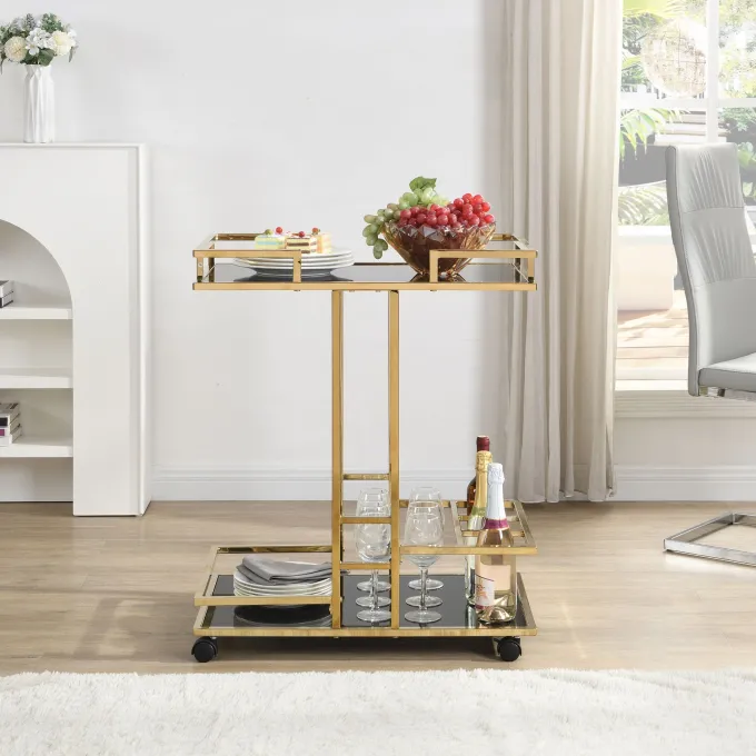 Servierwagen FineBuy Barwagen Gold Glas Metall 67,5 cm Rollwagen Flaschenhalter