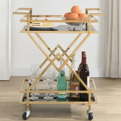 Servierwagen FineBuy Moderner Barwagen mit Rollen Gold Glas Metall 65x80x40 cm