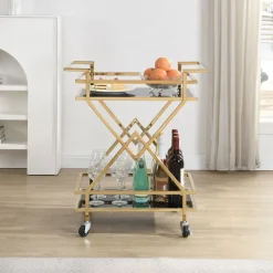Servierwagen FineBuy Moderner Barwagen mit Rollen Gold Glas Metall 65x80x40 cm