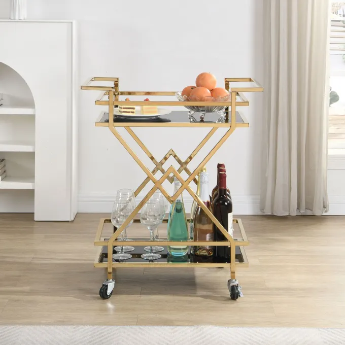 Servierwagen FineBuy Moderner Barwagen mit Rollen Gold Glas Metall 65x80x40 cm