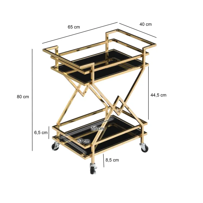 Servierwagen FineBuy Moderner Barwagen mit Rollen Gold Glas Metall 65x80x40 cm
