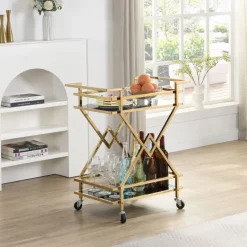 Servierwagen FineBuy Moderner Barwagen mit Rollen Gold Glas Metall 65x80x40 cm