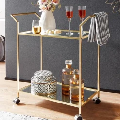 Servierwagen FineBuy Teewagen Gold Beistelltisch Rollen Speisewagen Glas Metall