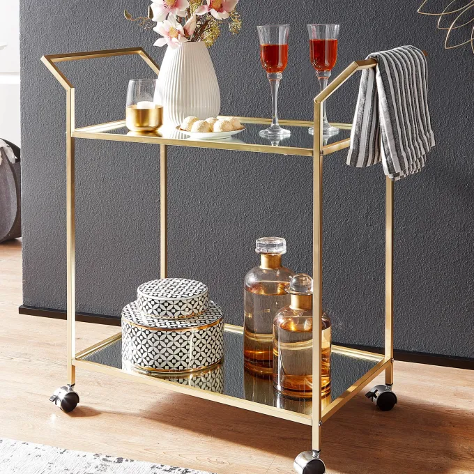 Servierwagen FineBuy Teewagen Gold Beistelltisch Rollen Speisewagen Glas Metall