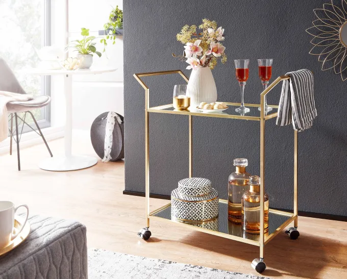 Servierwagen FineBuy Teewagen Gold Beistelltisch Rollen Speisewagen Glas Metall