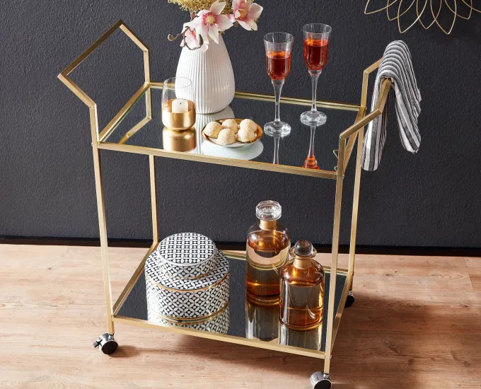 Servierwagen FineBuy Teewagen Gold Beistelltisch Rollen Speisewagen Glas Metall