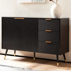 Sideboard 120cm Kommode mit 2 Türen & 3 Schubladen in MDF Eiche Schwarz Dekor