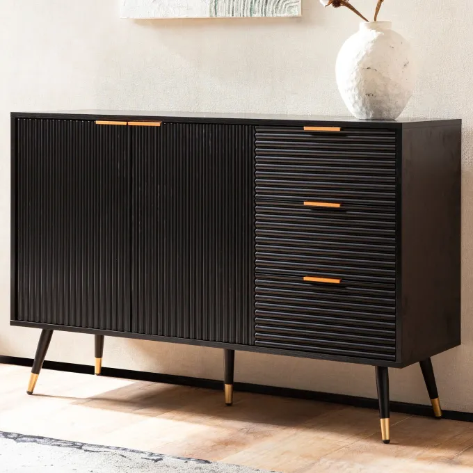 Sideboard 120cm Kommode mit 2 Türen & 3 Schubladen in MDF Eiche Schwarz Dekor