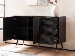 Sideboard 120cm Kommode mit 2 Türen & 3 Schubladen in MDF Eiche Schwarz Dekor