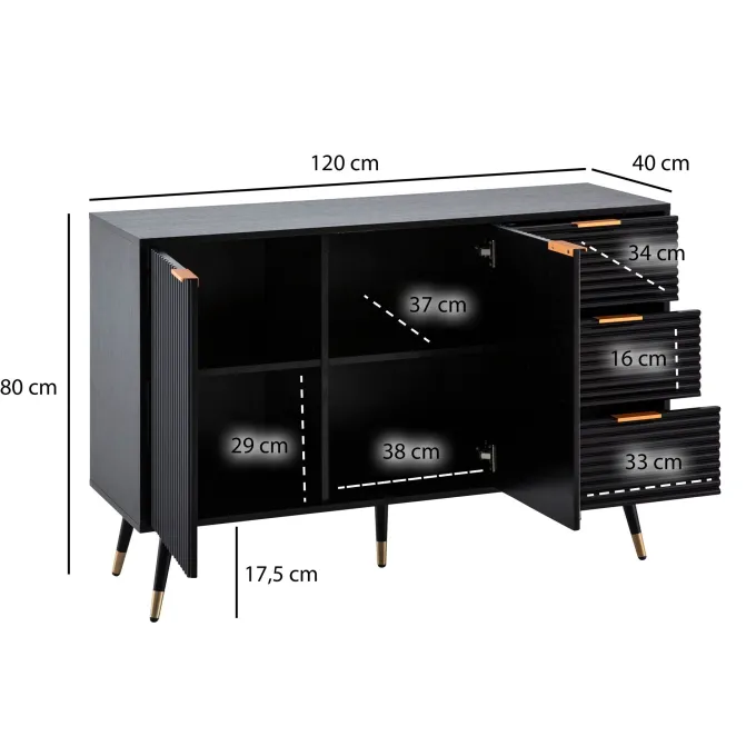 Sideboard 120cm Kommode mit 2 Türen & 3 Schubladen in MDF Eiche Schwarz Dekor
