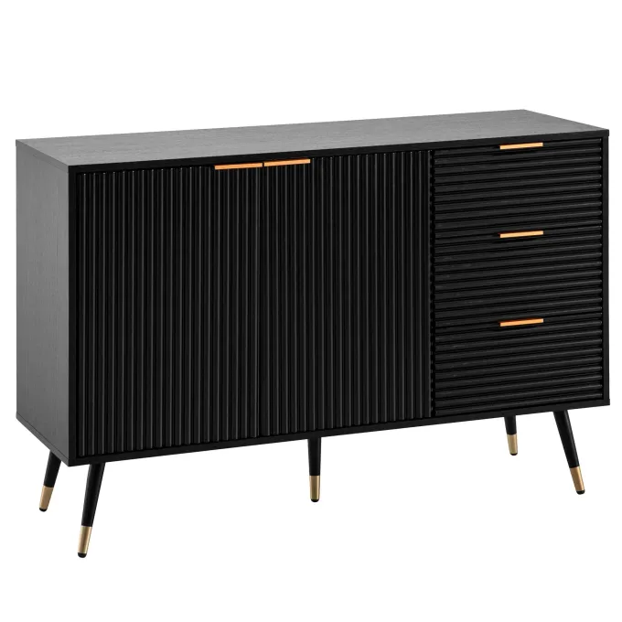 Sideboard 120cm Kommode mit 2 Türen & 3 Schubladen in MDF Eiche Schwarz Dekor