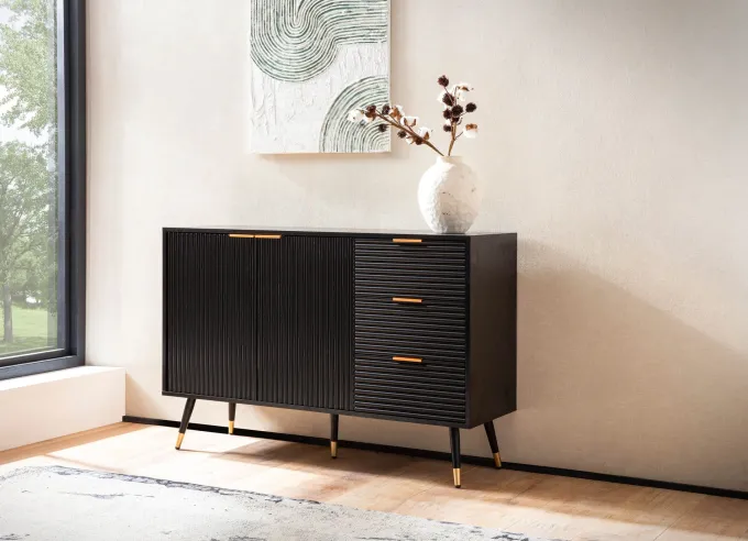 Sideboard 120cm Kommode mit 2 Türen & 3 Schubladen in MDF Eiche Schwarz Dekor
