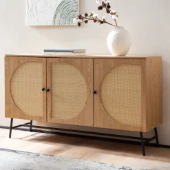 Sideboard 140cm MDF Eiche Dekor mit 3 Türen in Ratten Wiener Geflecht Design Kommode mit Metall Schwarz