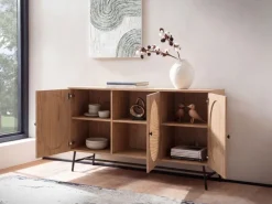 Sideboard 140cm MDF Eiche Dekor mit 3 Türen in Ratten Wiener Geflecht Design Kommode mit Metall Schwarz