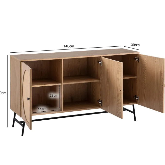 Sideboard 140cm MDF Eiche Dekor mit 3 Türen in Ratten Wiener Geflecht Design Kommode mit Metall Schwarz