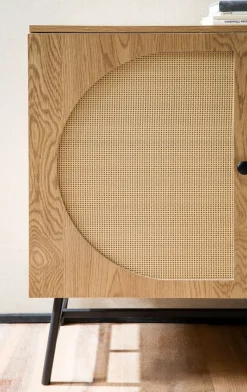 Sideboard 140cm MDF Eiche Dekor mit 3 Türen in Ratten Wiener Geflecht Design Kommode mit Metall Schwarz