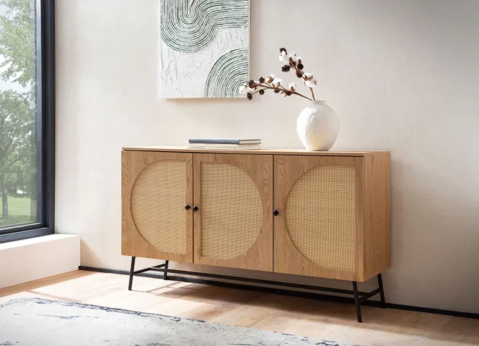 Sideboard 140cm MDF Eiche Dekor mit 3 Türen in Ratten Wiener Geflecht Design Kommode mit Metall Schwarz