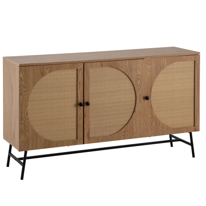 Sideboard 140cm MDF Eiche Dekor mit 3 Türen in Ratten Wiener Geflecht Design Kommode mit Metall Schwarz