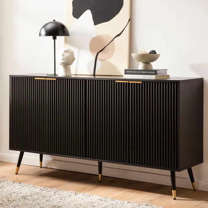 Sideboard 150cm MDF Eiche Schwarz Dekor Kommode mit 4 Türen edles Design