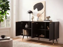 Sideboard 150cm MDF Eiche Schwarz Dekor Kommode mit 4 Türen edles Design