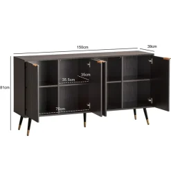 Sideboard 150cm MDF Eiche Schwarz Dekor Kommode mit 4 Türen edles Design