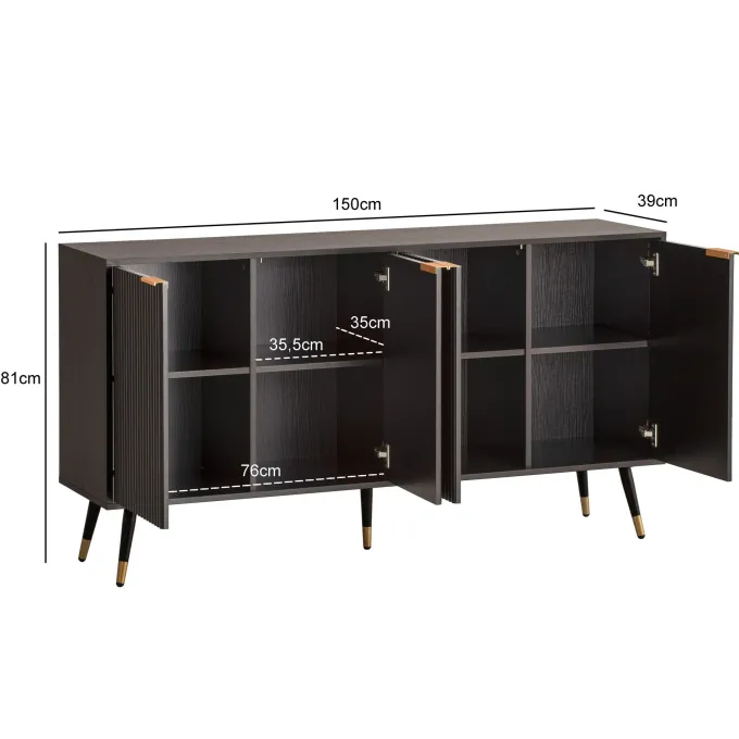 Sideboard 150cm MDF Eiche Schwarz Dekor Kommode mit 4 Türen edles Design