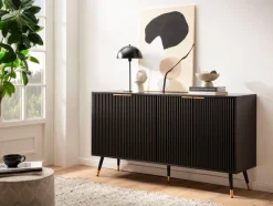 Sideboard 150cm MDF Eiche Schwarz Dekor Kommode mit 4 Türen edles Design