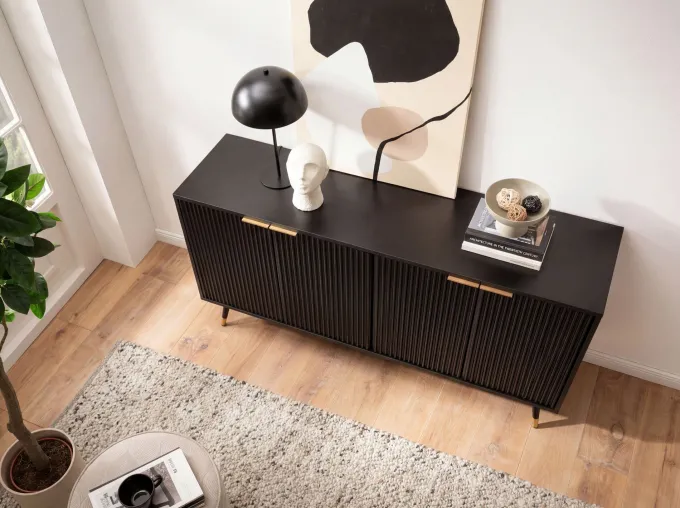 Sideboard 150cm MDF Eiche Schwarz Dekor Kommode mit 4 Türen edles Design