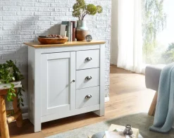 Sideboard 80 cm MDF Weiß & Eiche Dekor Design Kommode mit 3 Schubladen & 1 Tür