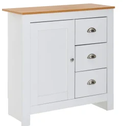 Sideboard 80 cm MDF Weiß & Eiche Dekor Design Kommode mit 3 Schubladen & 1 Tür