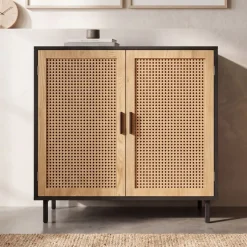 Sideboard 80cm mit 2 Türen in Rattan Wiener Geflecht Design Kommode Schwarz