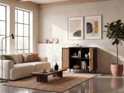 Sideboard 80cm mit 2 Türen in Rattan Wiener Geflecht Design Kommode Schwarz