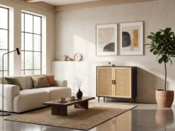 Sideboard 80cm mit 2 Türen in Rattan Wiener Geflecht Design Kommode Schwarz