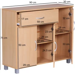 Sideboard 90 cm mit 3 Türen 1 Schublade moderne Kommode 30 cm Tief ideal für Nischen