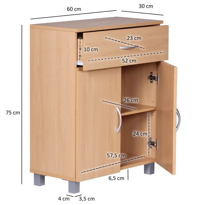 Sideboard 60cm mit 2 Türen & 1 Schublade Moderne Kommode Allzweckschrank Flurschrank