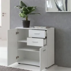 Sideboard 70 cm Weiß mit 2 Türen & 2 Schubladen Kommode Aktenschrank Tiefe 35 cm