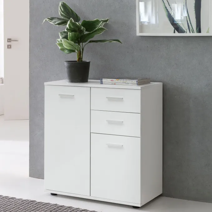 Sideboard 70 cm Weiß mit 2 Türen & 2 Schubladen Kommode Aktenschrank Tiefe 35 cm
