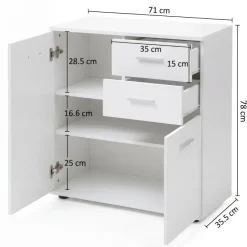 Sideboard 70 cm Weiß mit 2 Türen & 2 Schubladen Kommode Aktenschrank Tiefe 35 cm