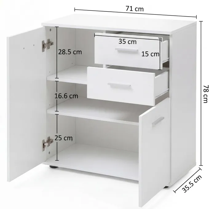 Sideboard 70 cm Weiß mit 2 Türen & 2 Schubladen Kommode Aktenschrank Tiefe 35 cm